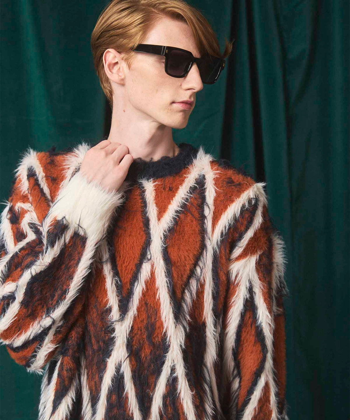 7G Shaggy Jacquard Diamond Pattern Argyle Prime-Over Crew Neck Knit Pullover