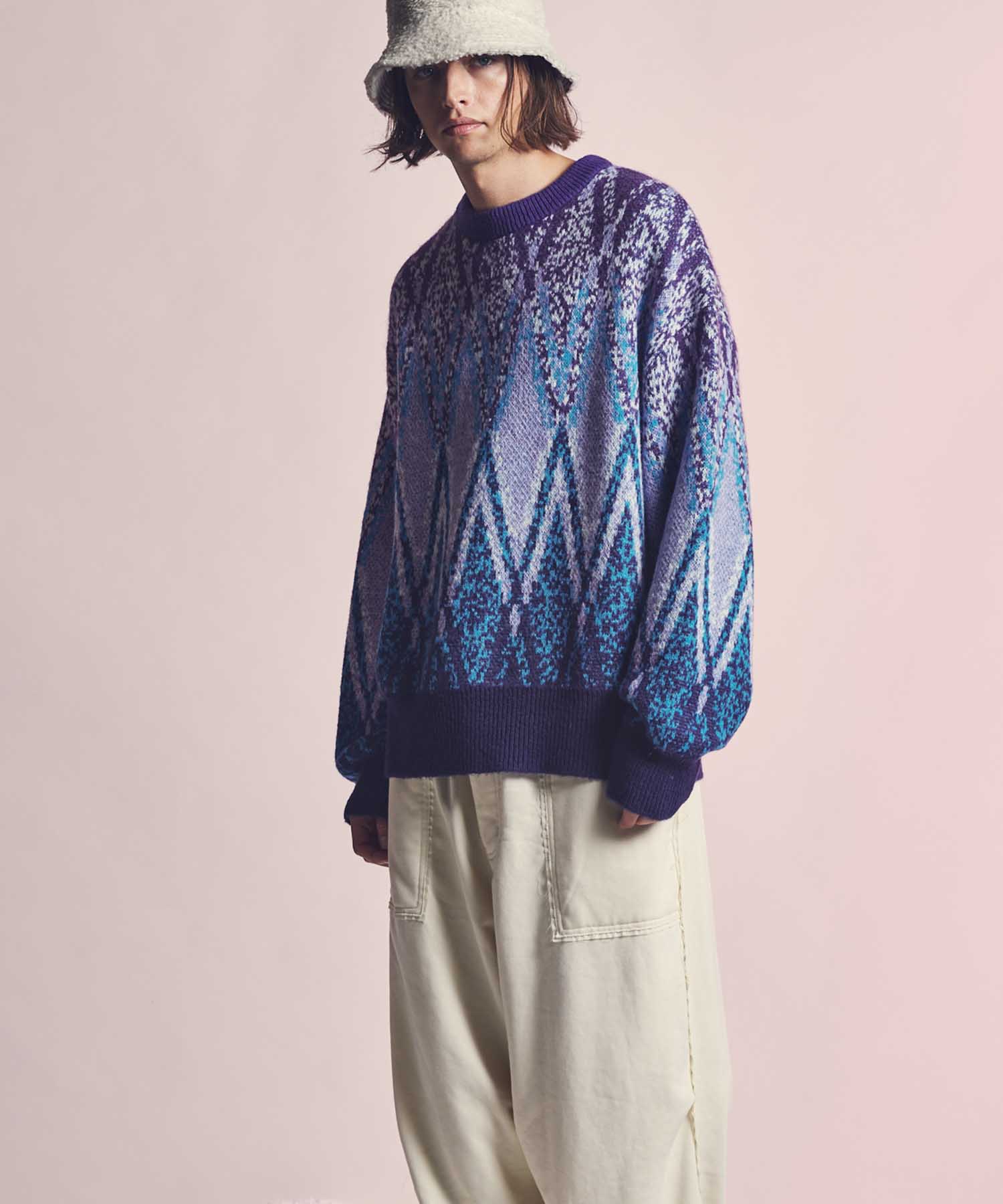 Airy Mohair Argyle Prime-Over Crew Neck Knit Pullover