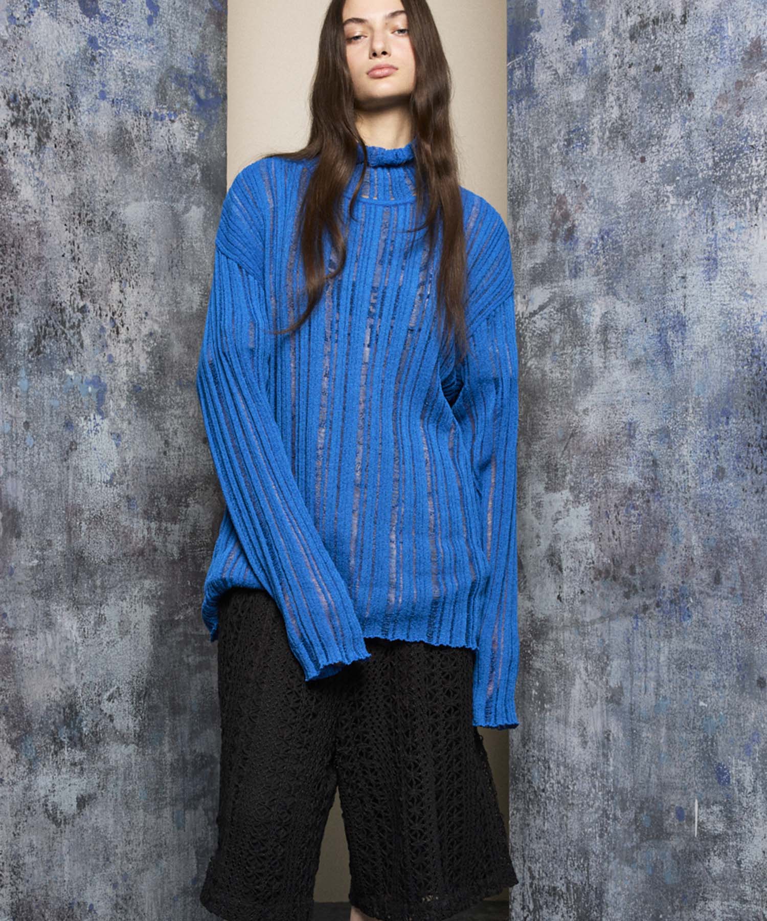 【24AW PRE-ORDER】Sheer Rib Knit Prime-Over Turtle Neck Knit Pullover