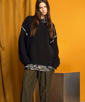 Embroidery Damage Prime-Over Crew Neck Knit Pullover