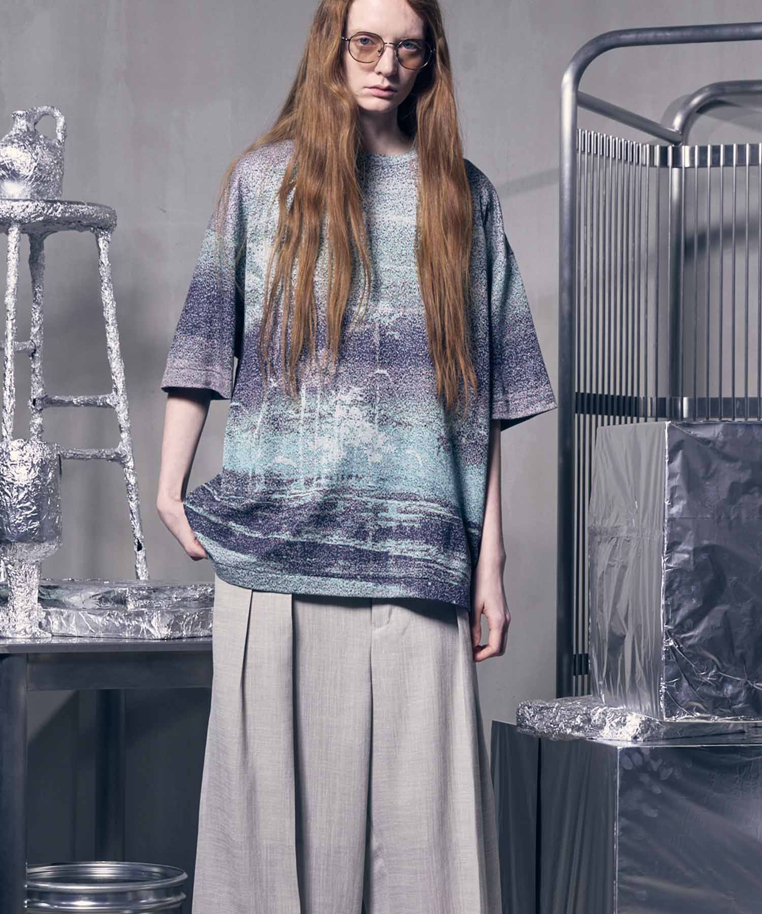 图片拼贴自然双jacquard Prime-Over Kew Neck编织T恤