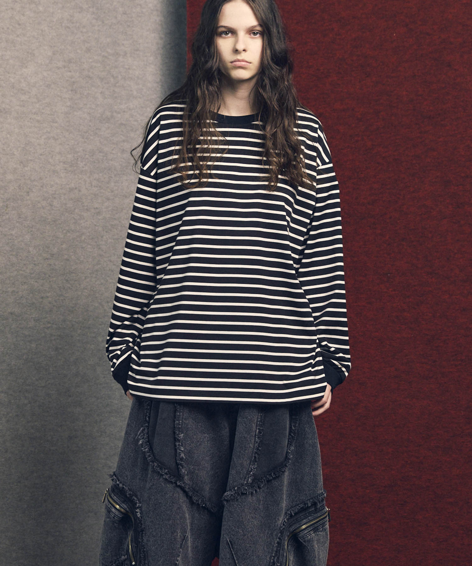 ULTIMA Cotton Border Prime-Over Crew Neck Long Sleeve T-Shirt