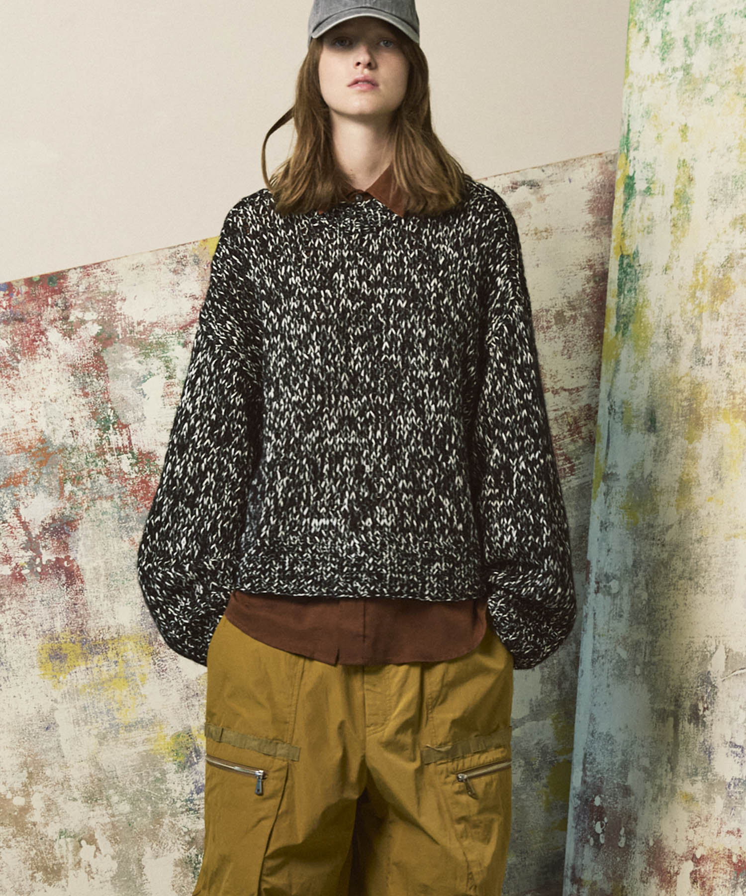 Tape Yarn Mix Hand Knitting Prime-Over Crew Neck Knit Pullover