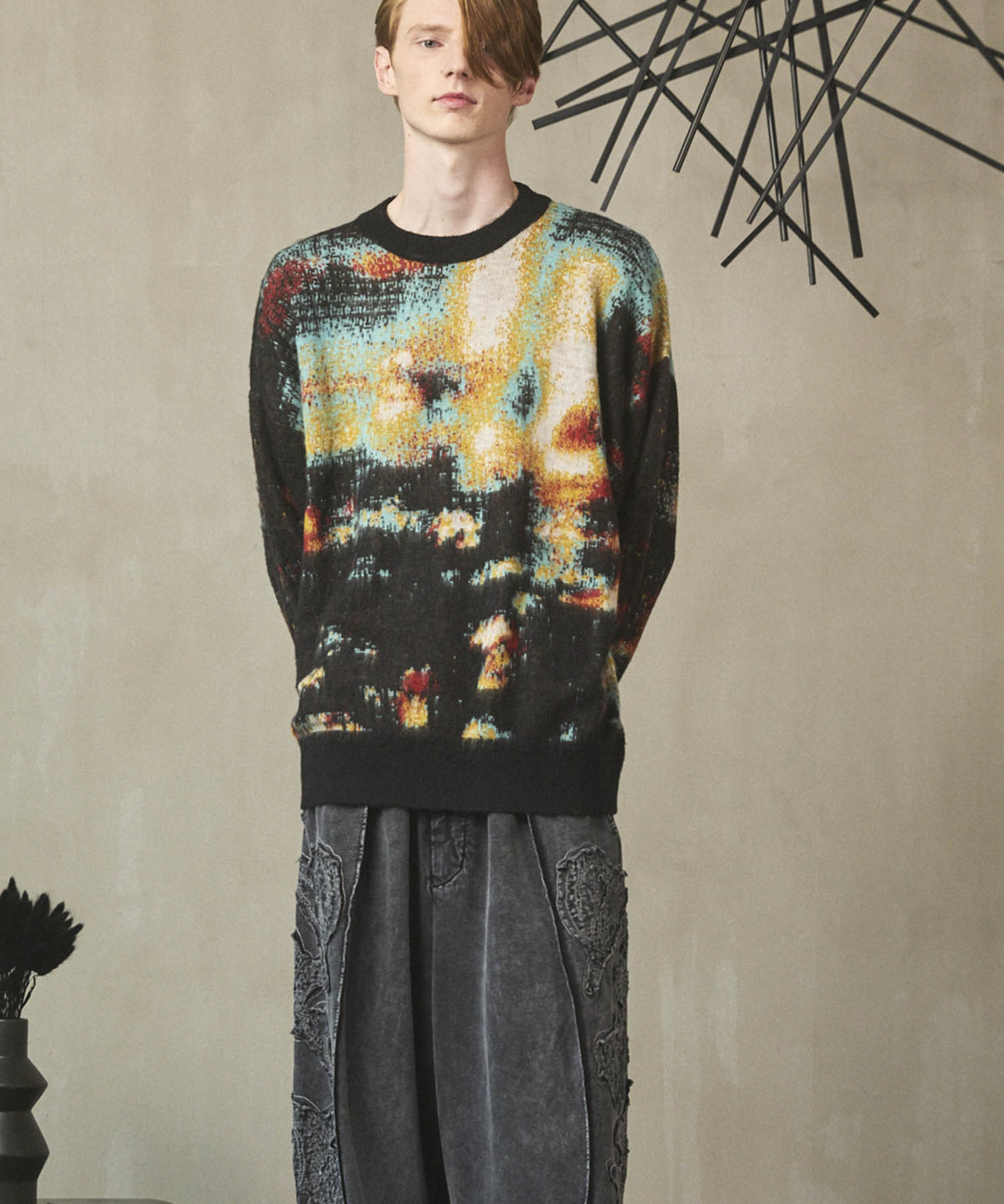 [25AW PRE-ORDER] Contemporary Art Jacquard Prime-Over Crew Neck Shaggy Knit Pullover