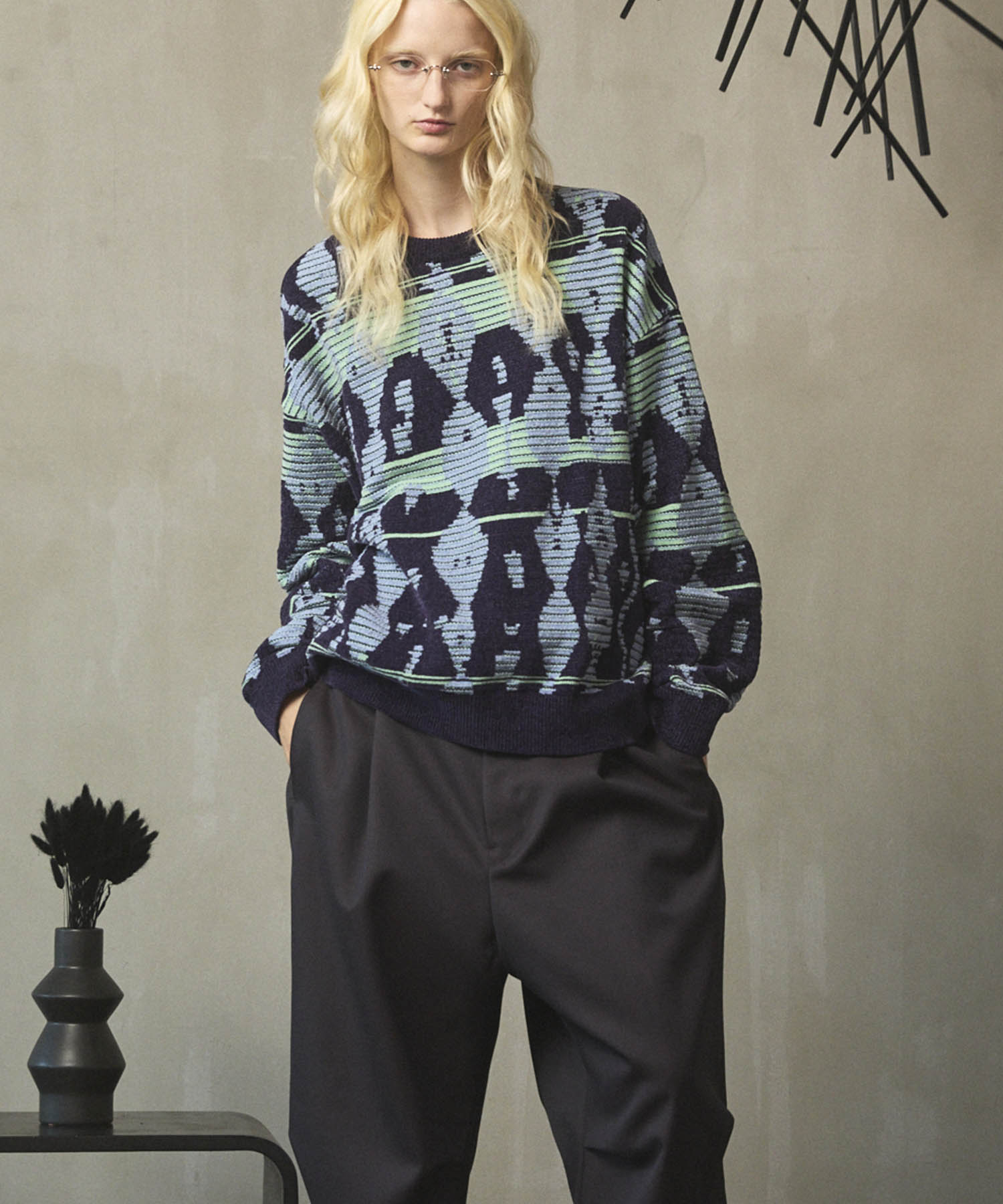 [25AW PRE-ORDER] Rug Pattern Mall Yarn Jacquard Prime-Over Crew Neck Knit Pullover