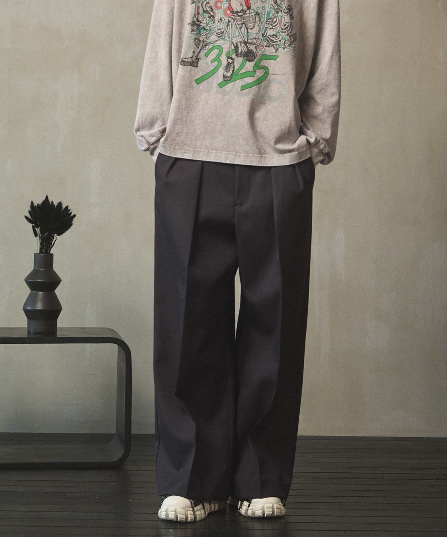 4 Colors Chambray Washable Wool Prime-Wide Two Tuck Wide Pants