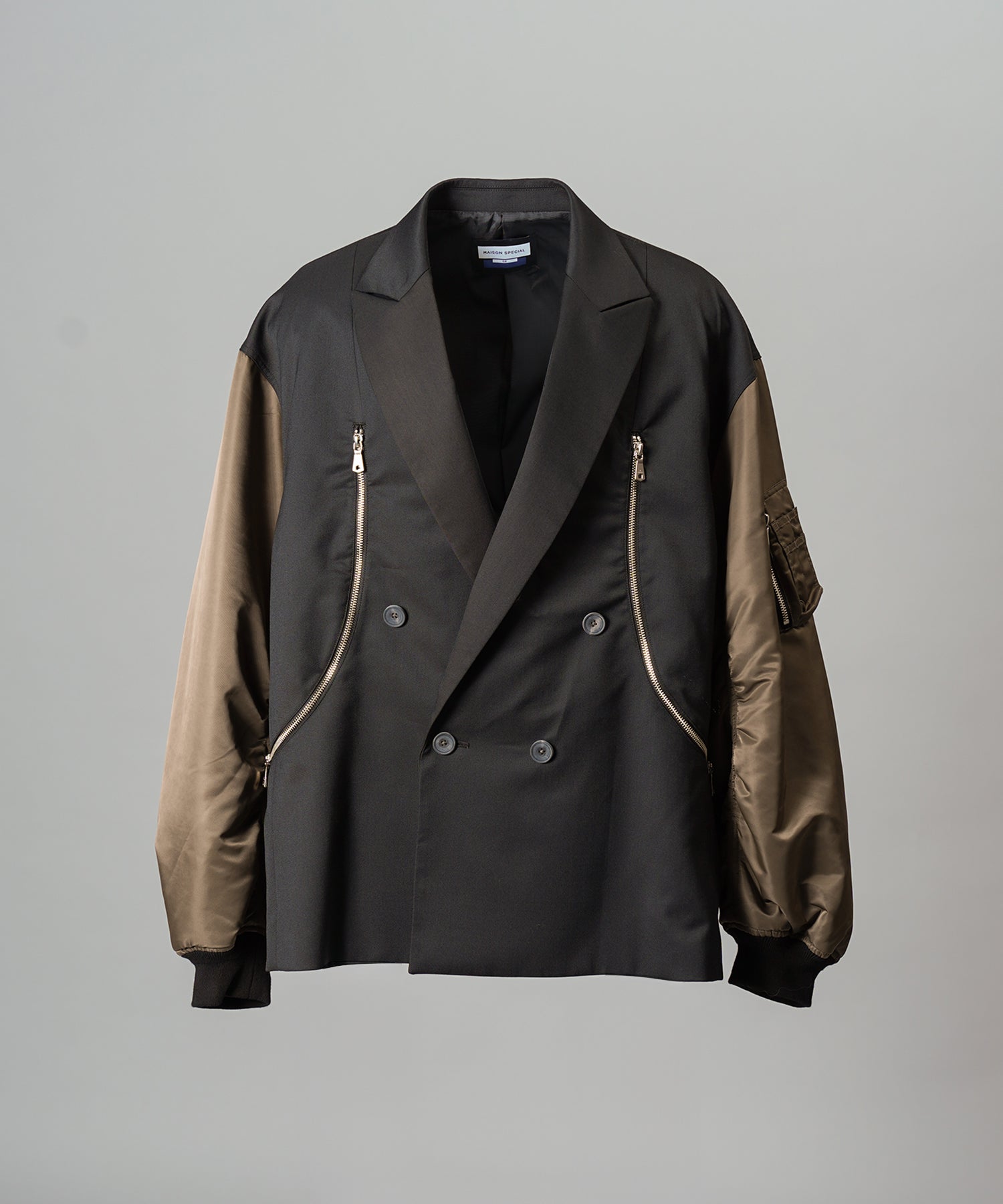Prime-Over MA-1 Sleeve Double Breasted Curved Zip Tailored Jacket