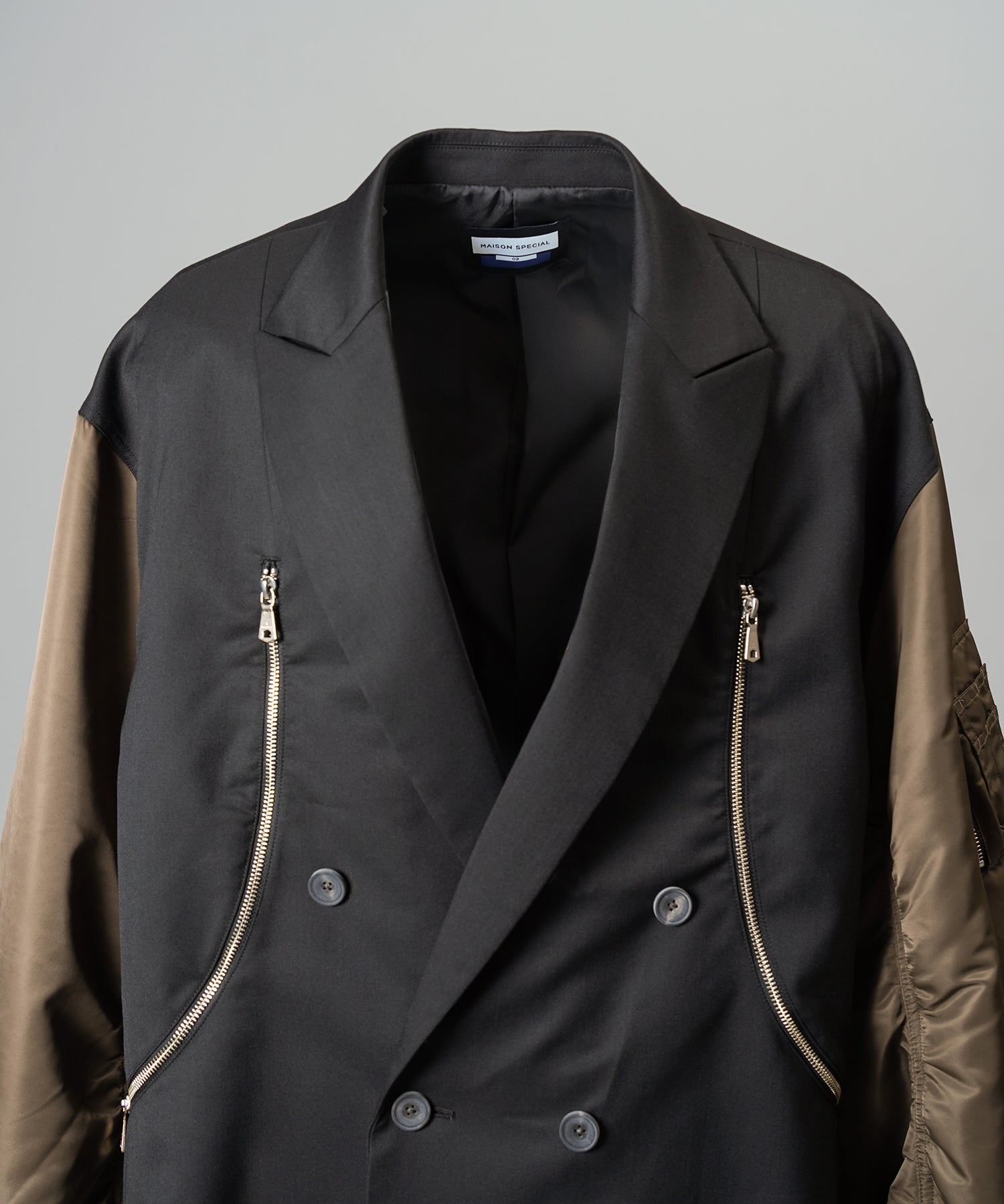 Prime-Over MA-1 Sleeve Double Breasted Curved Zip Tailored Jacket
