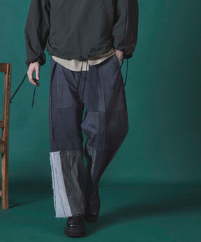 Patchwork Vintage denim One-Tuck Wide Roll up Pants