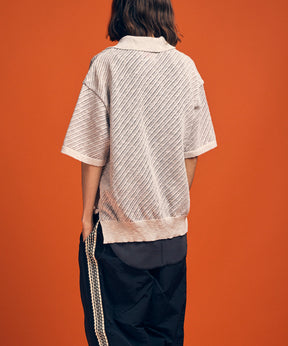 Slub Yarn Bias Mesh Prime-Over Short Sleeve Skipper Knit Polo Shirt