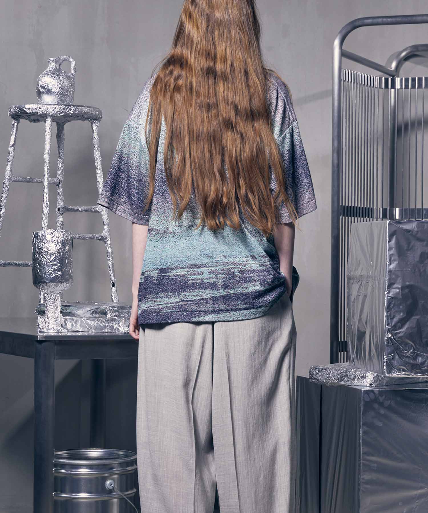 图片拼贴自然双jacquard Prime-Over Kew Neck编织T恤