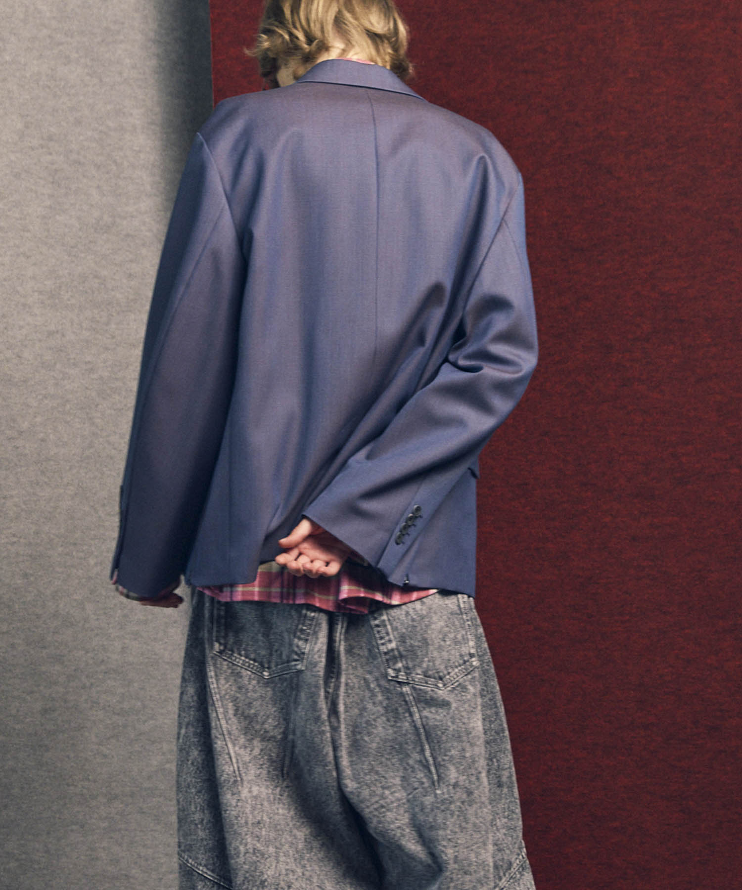 4种颜色Chambray可洗的羊毛峰峰翻领双胸夹克