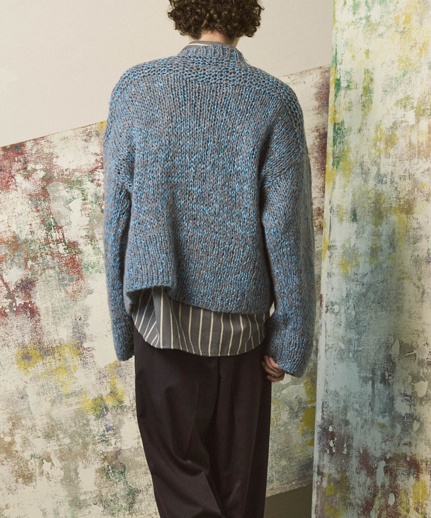 Tape Yarn Mix Hand Knitting Prime-Over Crew Neck Knit Pullover