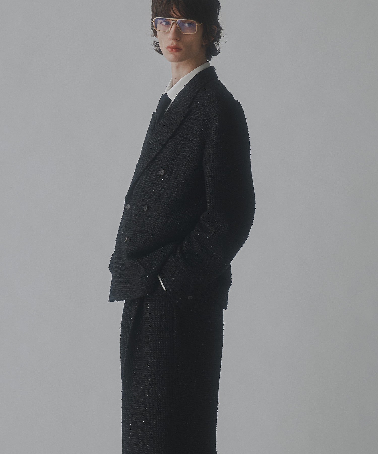 【MAISON SPECIAL for 久遠】Prime-Over Sparkly Black Peaked Lapel Double Jacket