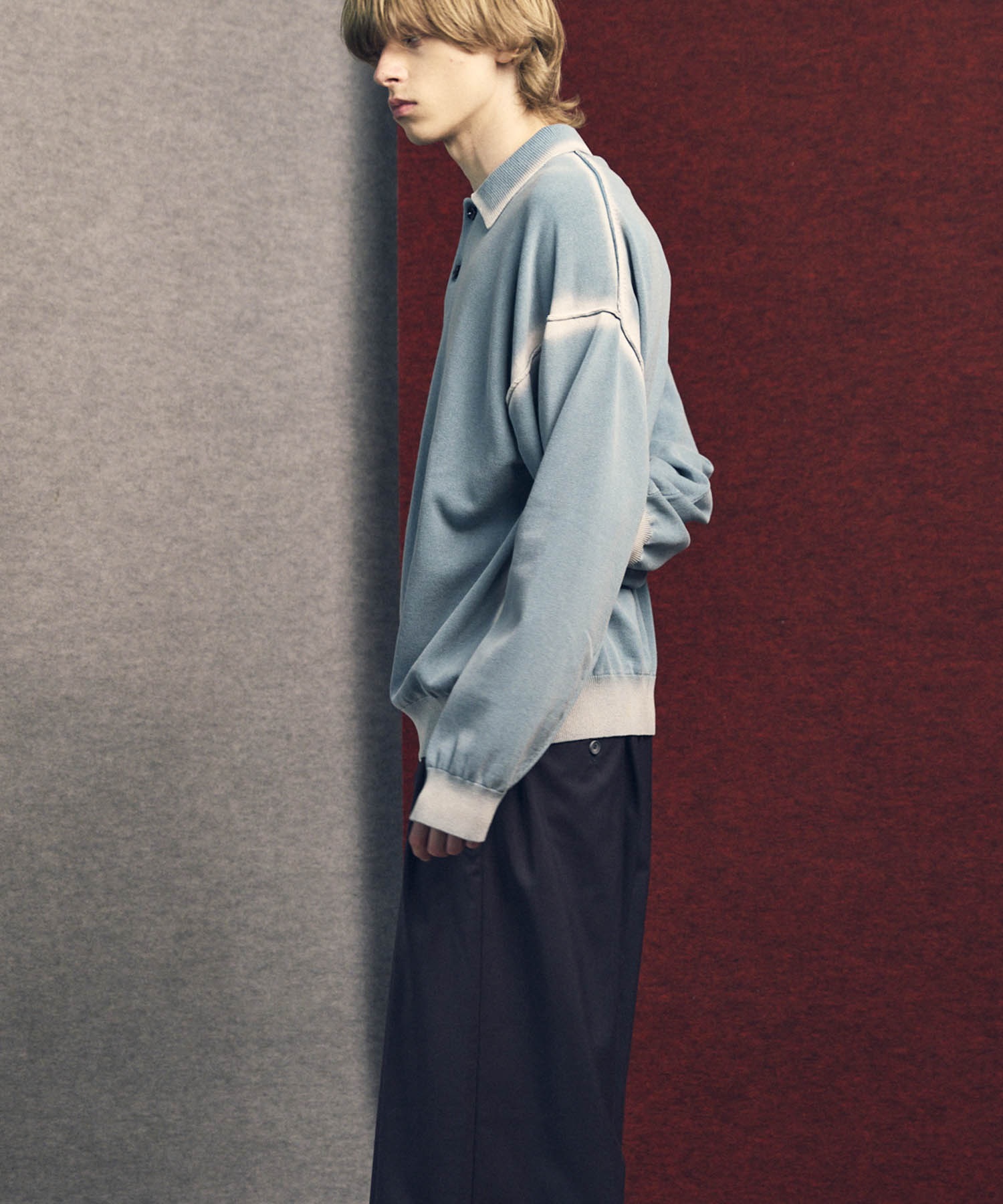 High Twist Pigment Bleach Prime-Over Long Sleeve Knit Polo Shirt