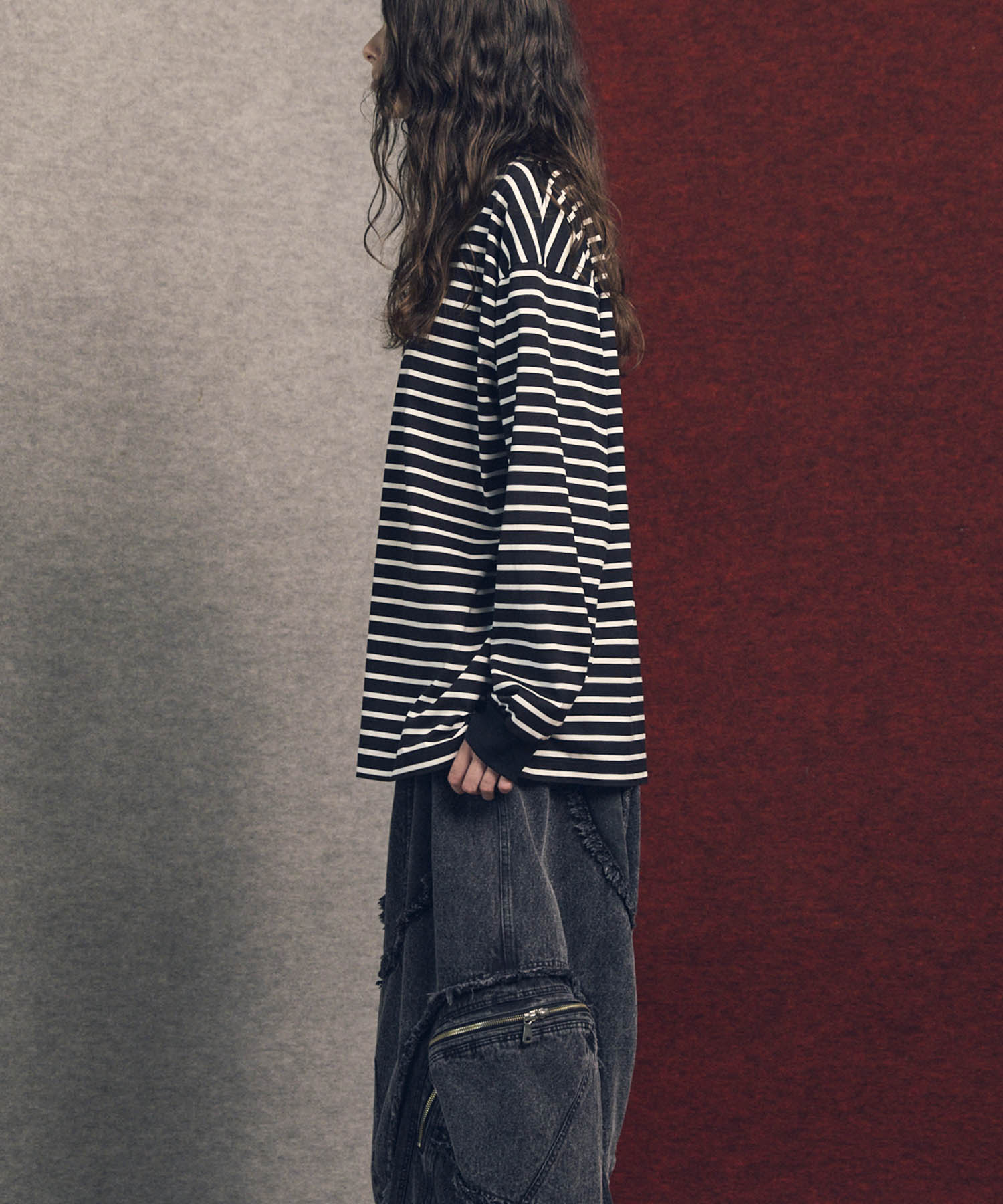 ULTIMA Cotton Border Prime-Over Crew Neck Long Sleeve T-Shirt