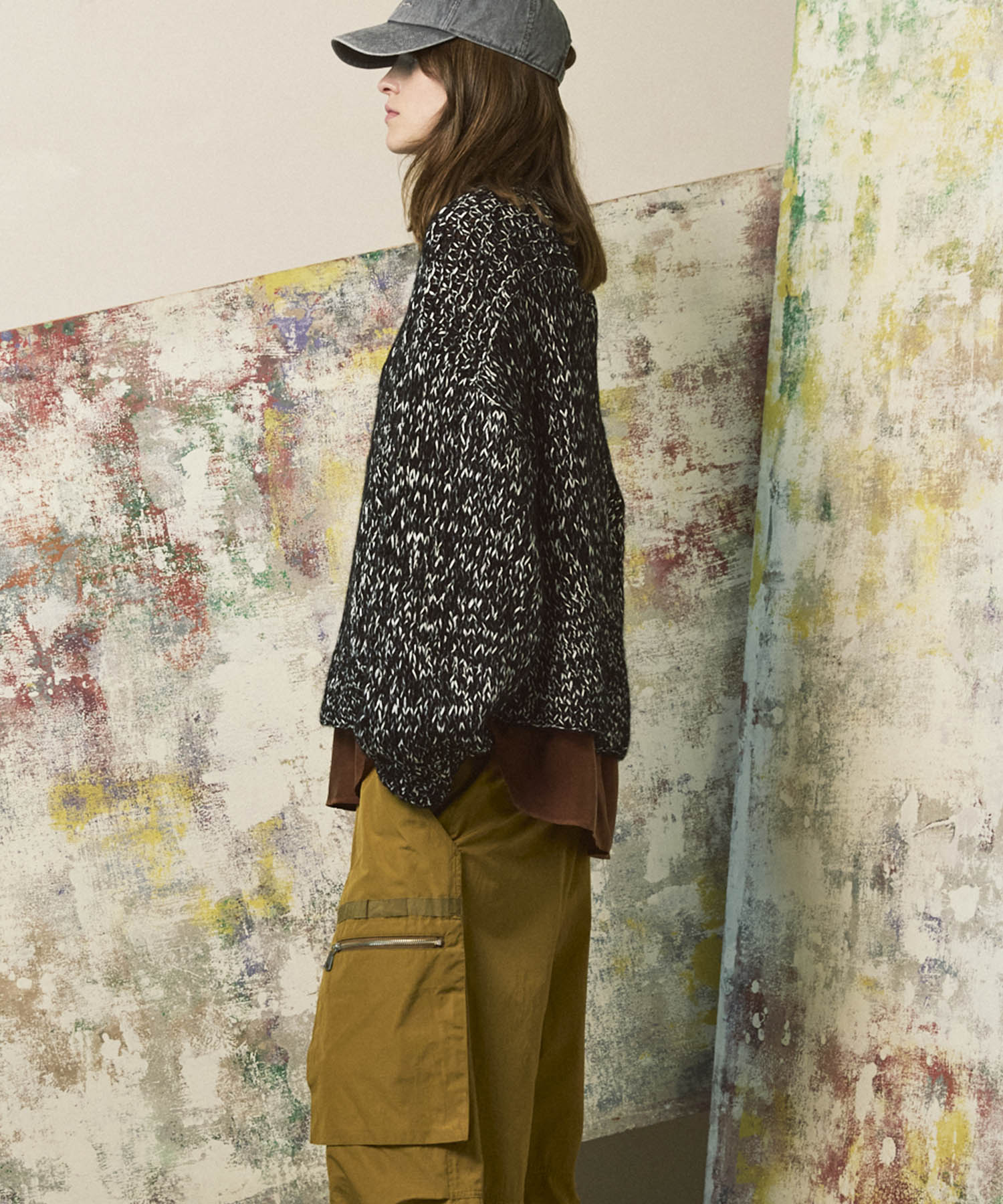 Tape Yarn Mix Hand Knitting Prime-Over Crew Neck Knit Pullover