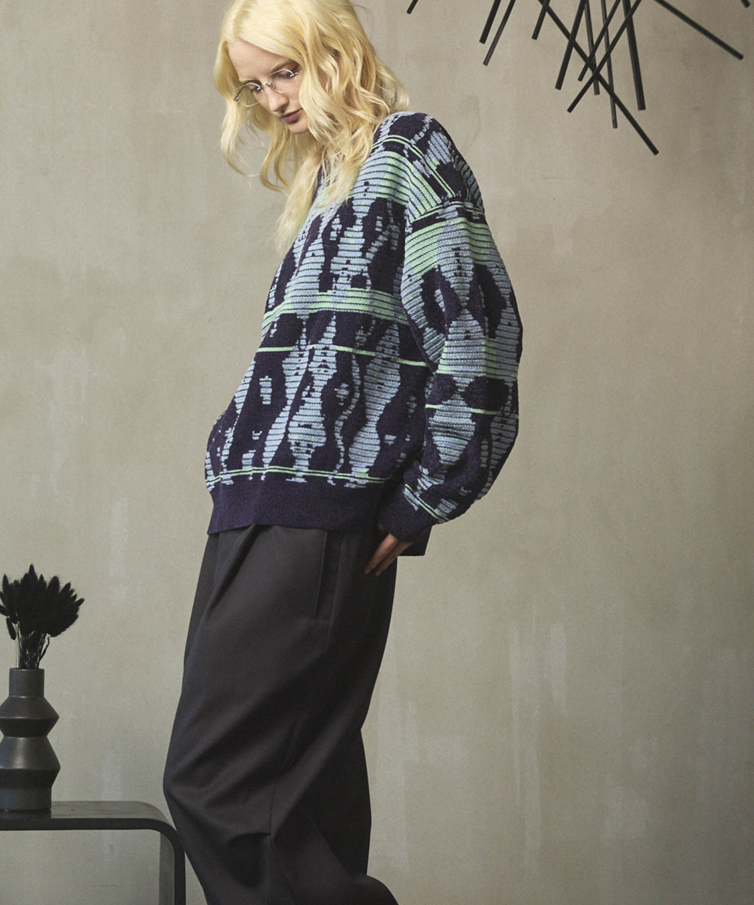 [25AW PRE-ORDER] Rug Pattern Mall Yarn Jacquard Prime-Over Crew Neck Knit Pullover