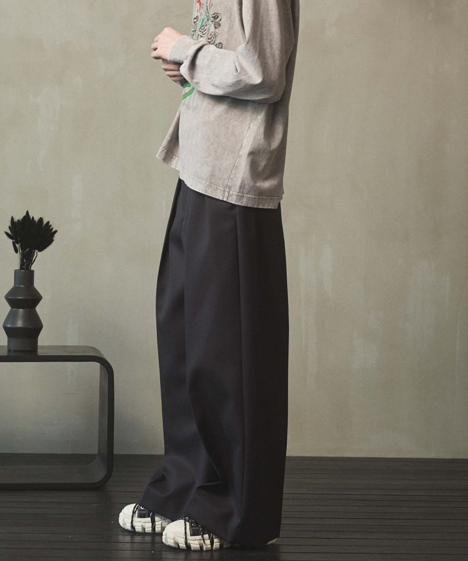 4色シャンブレーウールツータックワイド 4 Colors Chambray Washable Wool Prime-Wide Two Tucks Pants