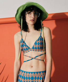 [판매] Wave Border Cross Tie Swim Top