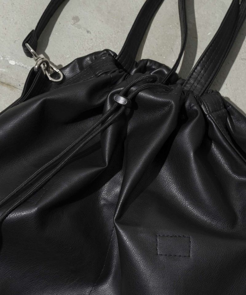 【EX】Vegan Leather Effect Shoulder Drawstring Bag