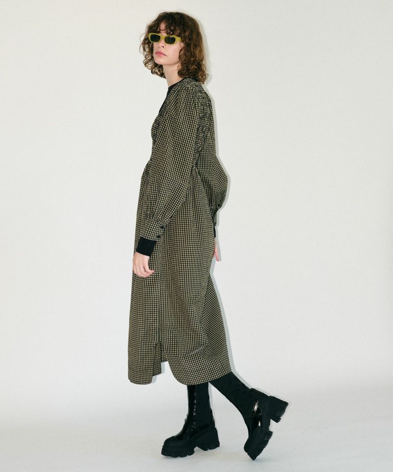 SALE】【GANNI】 Seersucker Check U-neck Maxi Smock Dress